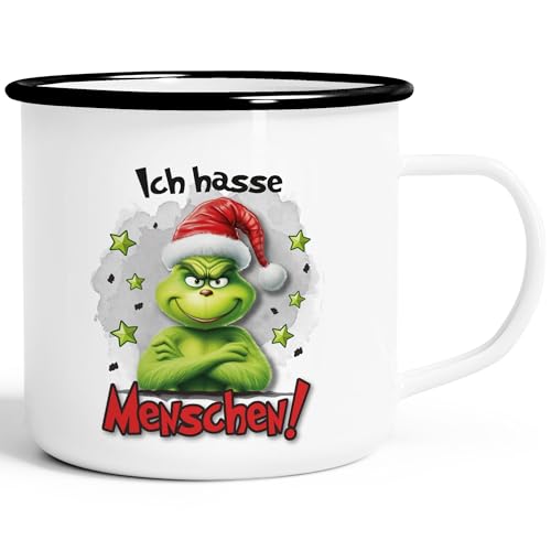 MoonWorks® Emaille-Tasse Grinch Geschenk für Weihnachtsmuffel Ich hasse Menschen Emaillebecher Weihnachtstasse lustig Ich hasse Menschen emaille-weiß-schwarz standard von MoonWorks