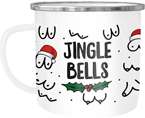 MoonWorks® Emaille-Tasse Jingle Bells Brüste Muster Weihnachten Titten mit Weihnachtsmütze Bürotasse lustige Geschenke emaille-weiß-silber standard von MoonWorks