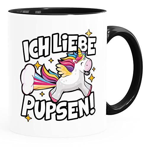 MoonWorks® Kaffee-Tasse Einhorn mit Spruch Ich liebe Pupsen Furzen Bürotasse lustige Kaffeebecher Inner schwarz Keramik-Tasse von MoonWorks