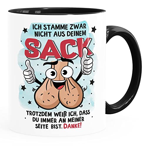 MoonWorks® Kaffee-Tasse Geschenk für Bonus-Papa zum Vatertag Spruch lustig Stiefvater Ich stamme zwar nicht aus deinem Sack weiß-innen-schwarz standard von MoonWorks