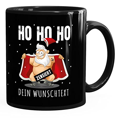 MoonWorks® Kaffee-Tasse Weihnachten lustig Weihnachtsmann zensiert HoHoHo Wunschtext Bürotasse lustige Kaffeebecher anpassbar schwarz standard von MoonWorks