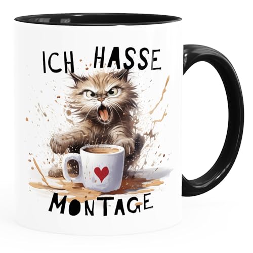 MoonWorks® Kaffee-Tasse mit Spruch Ich hasse Montage Motiv Katze Bürotasse lustige Kaffeebecher weiß-innen-schwarz standard von MoonWorks