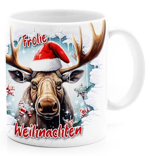 MoonWorks® Tasse Frohe Weihnachten 3D-Illusion lustige Tiere Schnee Wintermotiv XMAS kleines Weihnachtsgeschenk Elch weiß standard von MoonWorks