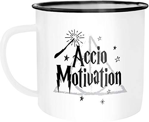 MoonWorks Emaille Tasse Becher Accio Motivation Zauberspruch Spruch Kaffeetasse weiß-schwarz unisize von MoonWorks