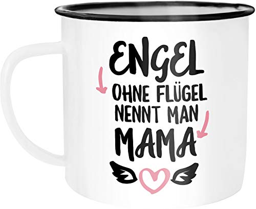 MoonWorks Emaille Tasse Becher Engel ohne Flügel nennt man Mama Geschenk Mama Weihnachten Muttertag Muttertagsgeschenk Kaffeetasse weiß-schwarz unisize von MoonWorks