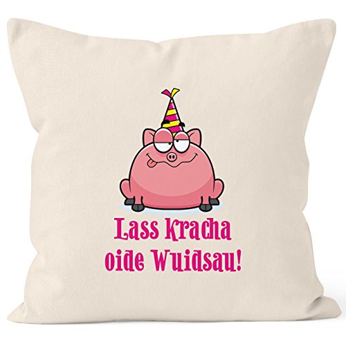 MoonWorks Kissenbezug Geburtstag Geschenk Schwein Spruch Lass kracha oide Wuidsau 40x40 Baumwolle Natur-pink 40cm x 40cm von MoonWorks