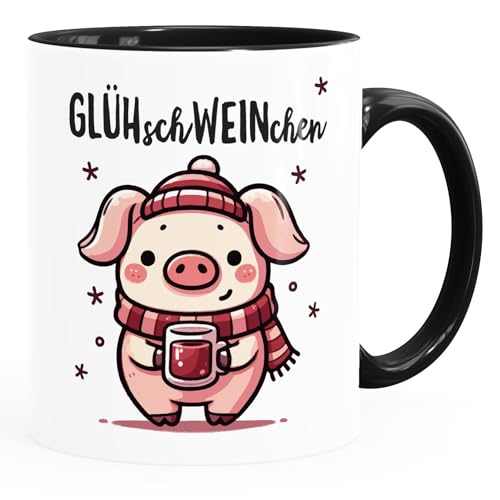 MoonWorks Tasse Glühwein Motiv Glüh-Schweinchen Wortspiel Emaillebecher lustig kleines Geschenk Weihnachten weiß-innen-schwarz standard von MoonWorks