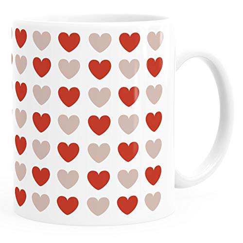 MoonWorks® Kaffee-Tasse Herz-Muster Herzchen Geschenk liebe Menschen Geburtstag Weihnachten Valentinstag Rot weiß Keramik-Tasse von MoonWorks