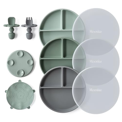 Moonkie 3pc Silikon Kinderteller mit Deckel, Baby teller mit Saugnapf, BPA-freie Rutschfest Geteilte Geschirr Set mit Gabeln und Löffel, Mikrowellen und Spülmaschinenfest(Mint/Grau Grün/Lunar Grey) von Moonkie