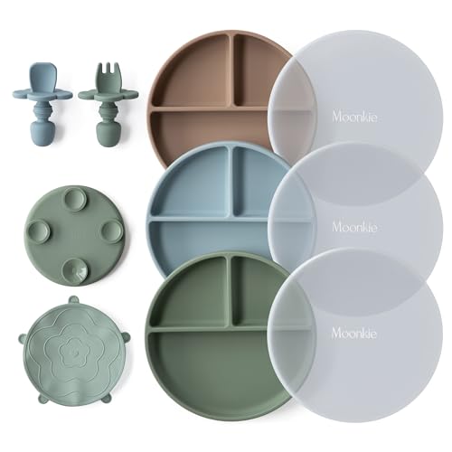 Moonkie 3pc Silikon Kinderteller mit Deckel,Baby teller mit Saugnapf,BPA-freie Rutschfest Geteilte Geschirr Set mit Gabeln und Löffel,Mikrowellen und Spülmaschinenfest(Warm Taupe/Hellblau/Grau Grün) von Moonkie