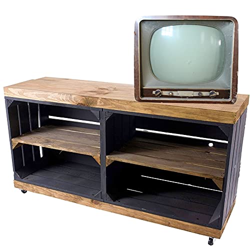 Moooble Sideboard schwarz auf Rollen | braune Deckplatte, aus Holz, 4 Fächer | 100x30x50 cm | moderner TV Schrank mit Schlitzen für Kabel von Moooble