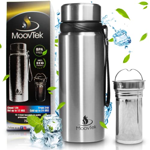 MoovTek Original Thermosflasche 750 ml aus Edelstahl, Tee & Obst, Thermosflasche, Doppelwandig, 18/8 – Kaffee, ohne BPA, für Arbeit, Schule, Büro, Wandern, Reisen (Silber) von MoovTek