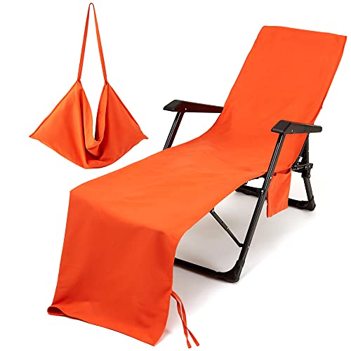 Morbuy Liegestuhl Handtuch mit Taschen, Einfarbig Strandtuch für Liegen Strandliegen Handtuch Handtücher für Strandliegen Mikrofaser Leicht Strandtuch, Kapuze für Besseren Halt (Orange) von Morbuy