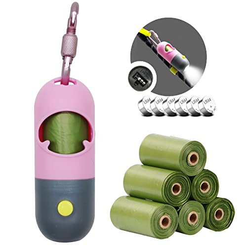 Morn Light Hundekotbeutelhalter mit Taschenlampe Hundekotbeutelspender mit 7 Rollen auslaufsicheren grünen Kotbeuteln für Hundespaziergänge (1 Spender 105 Beutel) (Pink) von Morn Light