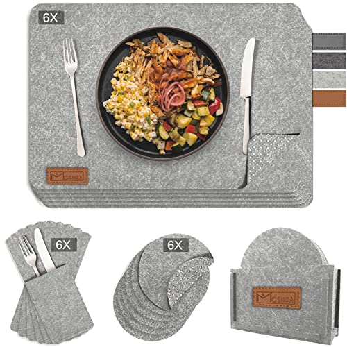 Moshka Premium 19er Set Platzset aus Filz Tischset mit rutschfest platzdeckchen abwaschbar Tisch-Matten Eckige Teller-untersetzer Platz-Matten Filzset Grau/Braun mit Zubehör von Moshka