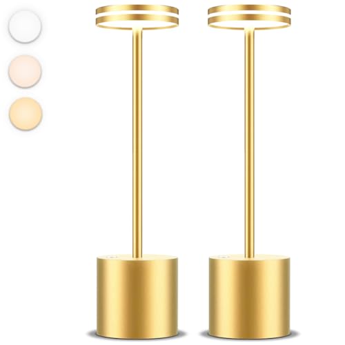 Moslumin 2 Stück LED Akku Tischleuchte Kabellos, 5000mAh Moderne Aufladbar Metall Tischlampe, Dimmbar 3 Farbtemperatur, Tischlampen Stehend Ohne Kabel für Nachttisch Esstisch Outdoor Tisch (Gold) von Moslumin