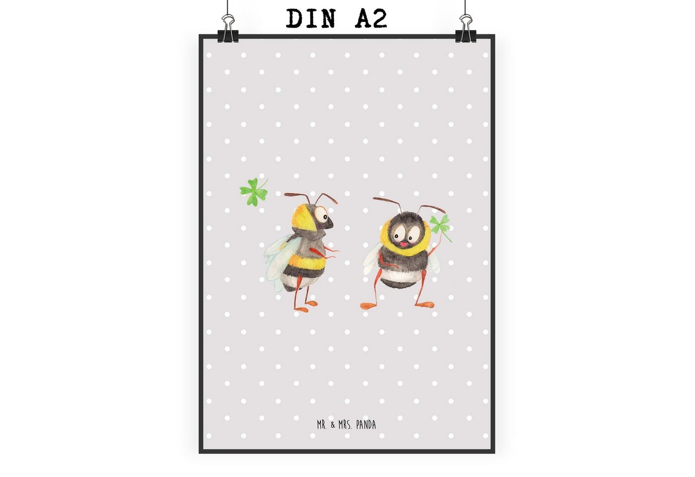 Mr. & Mrs. Panda Poster DIN A2 Hummeln Kleeblatt - Grau Pastell - Geschenk, lustige Sprüche, Hummeln mit Kleeblatt (1 St), Lebendige Farben von Mr. & Mrs. Panda