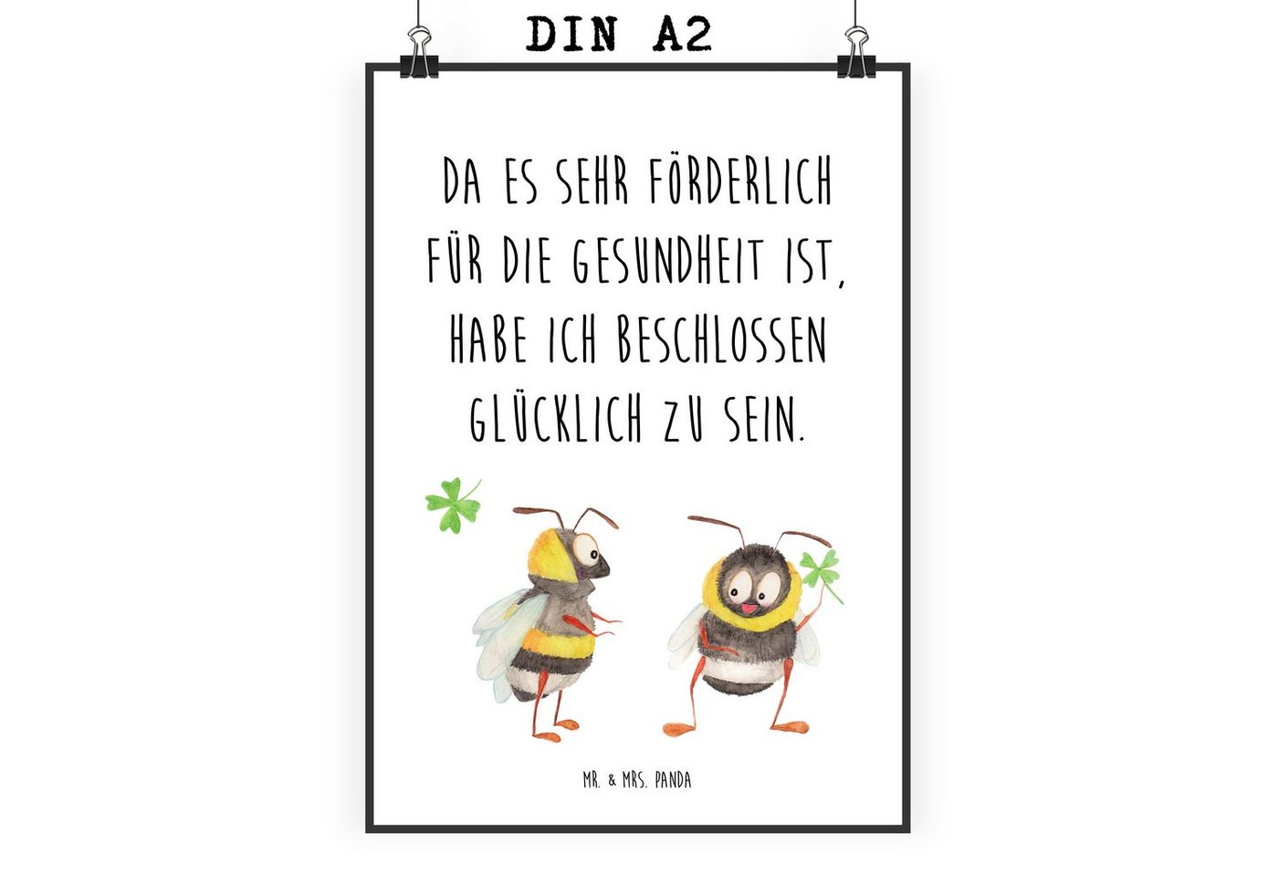 Mr. & Mrs. Panda Poster DIN A2 Hummeln mit Kleeblatt - Weiß - Geschenk, süße Tiermotive, Bien, Hummeln mit Kleeblatt (1 St) von Mr. & Mrs. Panda