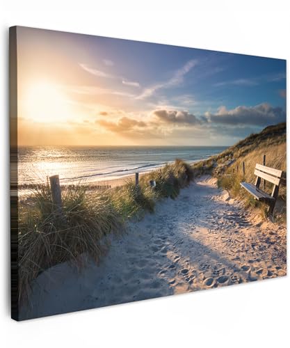 MuchoWow© Leinwand Bilder 40x30 cm Wanddeko Wohnzimmer Aesthetic Room Decor Deko Zimmer Wandbilder Modern Fotogeschenke Sonnenuntergang - Strand und Meer - Düne - Gras - Bank - Sonne von MuchoWow