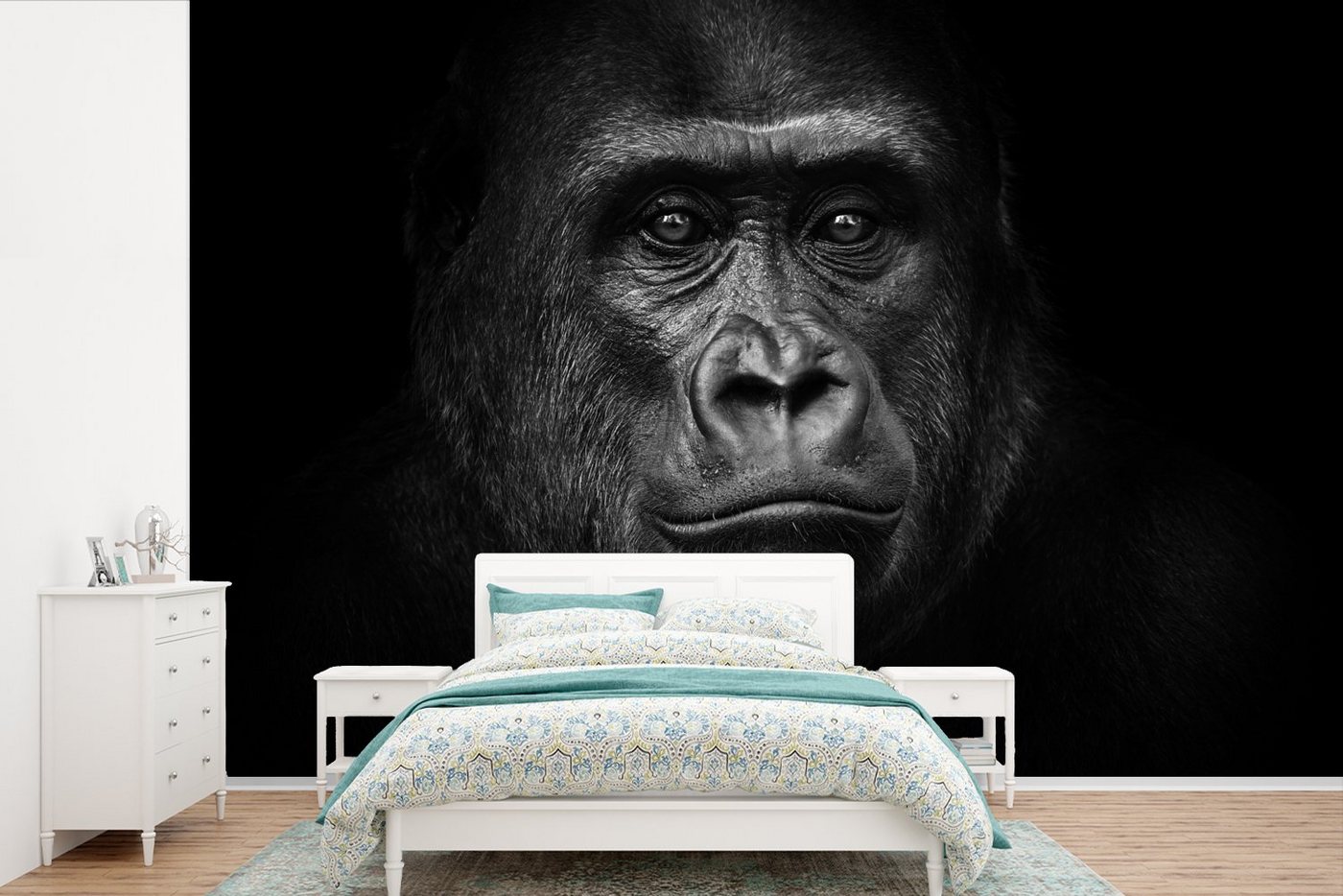 MuchoWow Fototapete Gorilla - Schwarz - Weiß - Tiere - Porträt, Matt, bedruckt, (10 St), Vinyl Tapete für Wohnzimmer oder Schlafzimmer, Wandtapete von MuchoWow