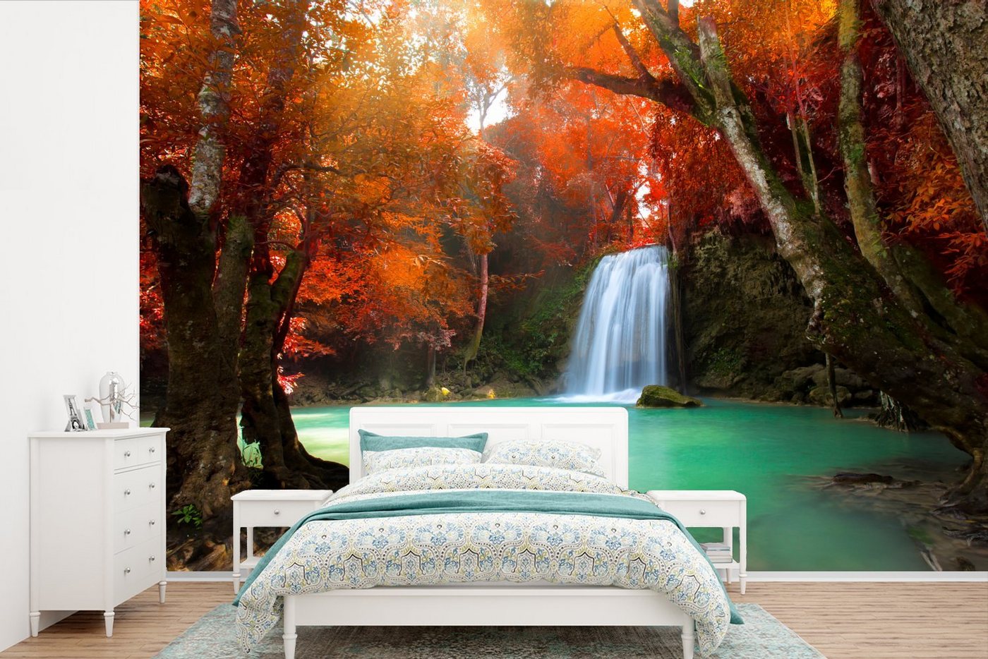 MuchoWow Fototapete Herbst - Wasserfall - Wald, Matt, bedruckt, (10 St), Vinyl Tapete für Wohnzimmer oder Schlafzimmer, Wandtapete von MuchoWow