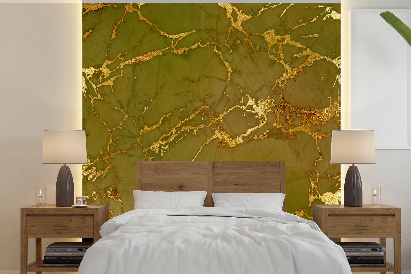 MuchoWow Fototapete Marmor - Muster - Gold - Grün, Matt, bedruckt, (7 St), Vinyl Tapete für Wohnzimmer oder Schlafzimmer, Wandtapete von MuchoWow