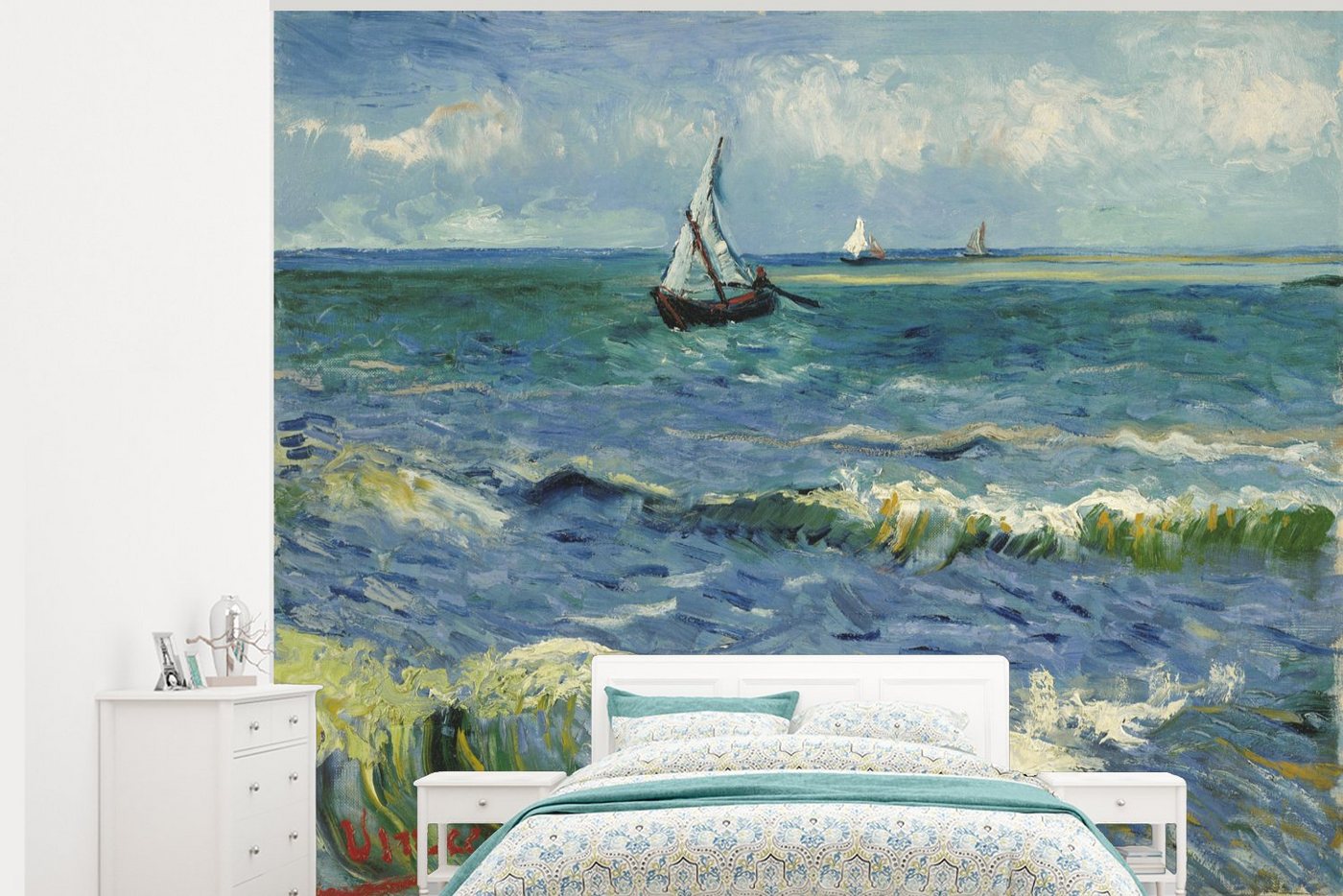 MuchoWow Fototapete Meereslandschaft bei Les Saintes-Maries-de-la-Mer - Vincent van Gogh, Matt, bedruckt, (7 St), Montagefertig Vinyl Tapete für Wohnzimmer, Wandtapete von MuchoWow