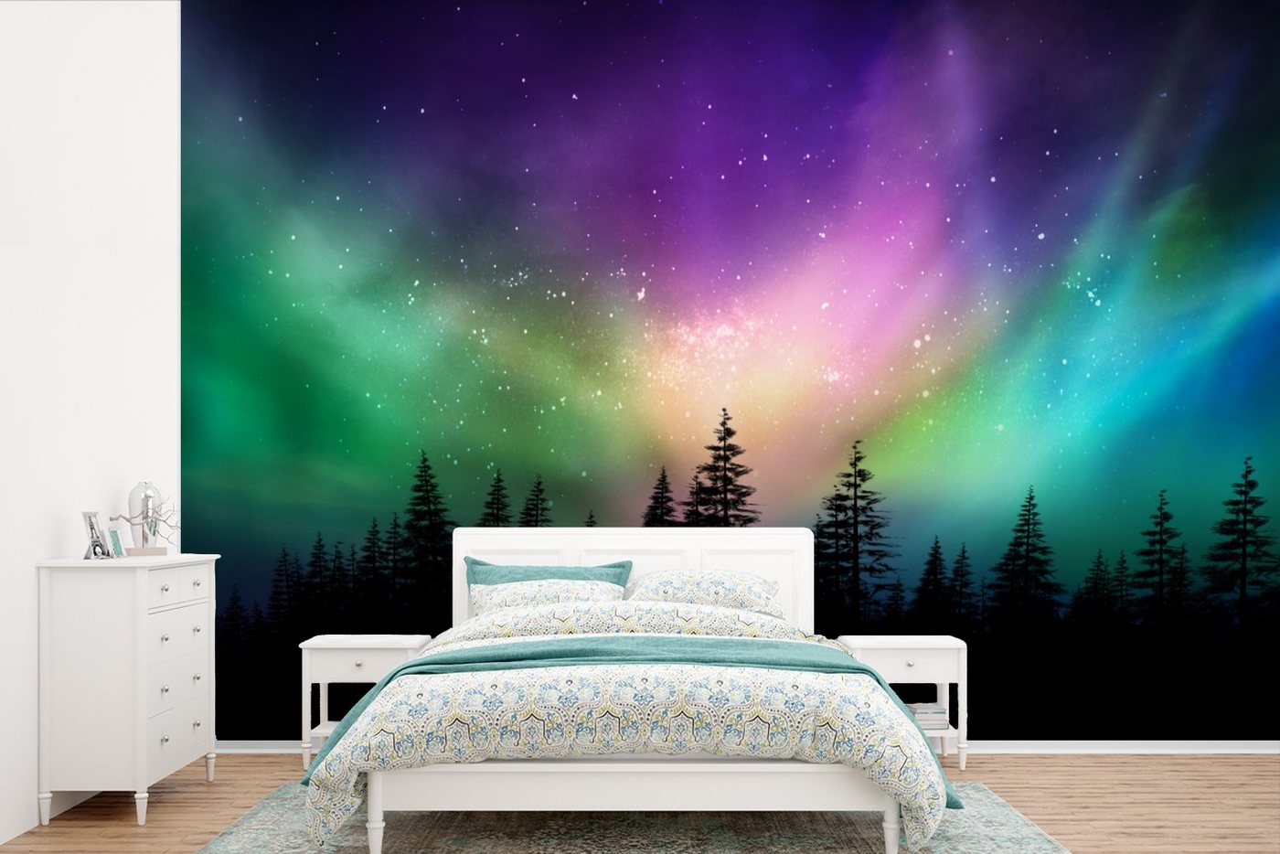 MuchoWow Fototapete Nordlicht - Sternenhimmel - Wald - Kanada, Matt, bedruckt, (8 St), Wallpaper für Wohnzimmer, Schlafzimmer, Kinderzimmer, Vinyl Tapete von MuchoWow