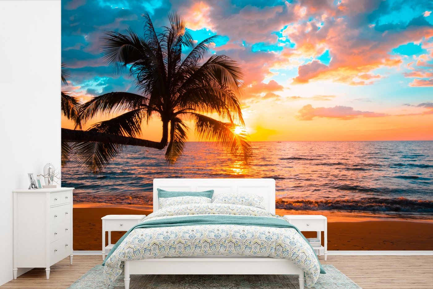 MuchoWow Fototapete Palme - Sonnenuntergang - Horizont - Strand - Meer - Tropisch, Matt, bedruckt, (10 St), Vinyl Tapete für Wohnzimmer oder Schlafzimmer, Wandtapete von MuchoWow