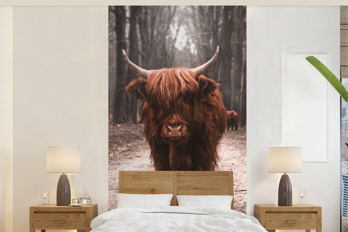 MuchoWow Fototapete Schottischer Hochländer - Wald - Kuh - Tiere - Natur, Matt, bedruckt, (2 St), Vliestapete für Wohnzimmer Schlafzimmer Küche, Fototapete von MuchoWow