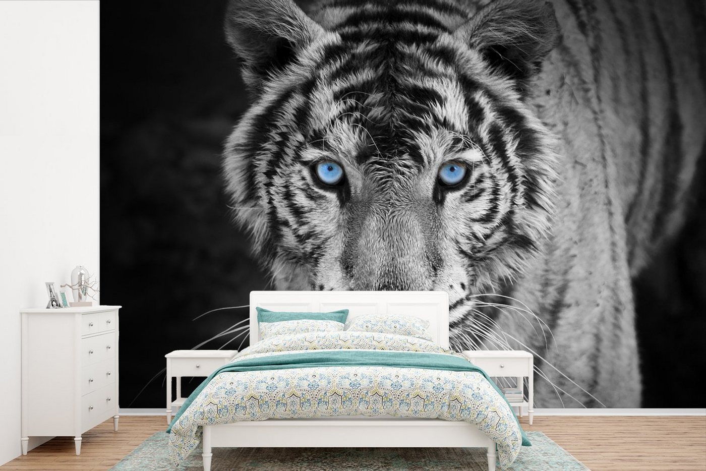 MuchoWow Fototapete Tiere - Tiger - Schwarz und weiß - Augen - Blau, Matt, bedruckt, (10 St), Vinyl Tapete für Wohnzimmer oder Schlafzimmer, Wandtapete von MuchoWow