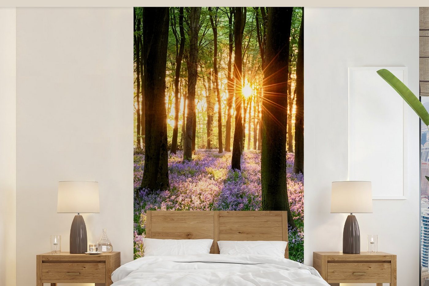 MuchoWow Fototapete Wald - Blumen - Lavendel - Sonne - Lila - Natur, Matt, bedruckt, (2 St), Vliestapete für Wohnzimmer Schlafzimmer Küche, Fototapete von MuchoWow
