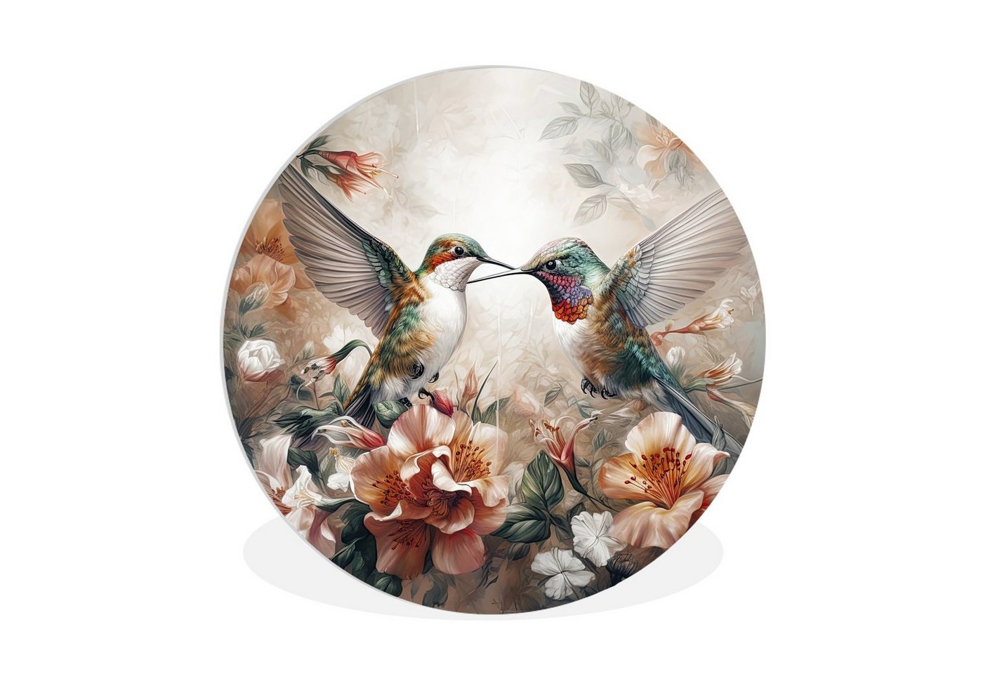 MuchoWow Gemälde Kolibri - Vögel - Blumen - Natur, (1 St), Rundes wandbild für Wohnzimmer, Wandkreis, Wandschmuck, 90x90 cm von MuchoWow