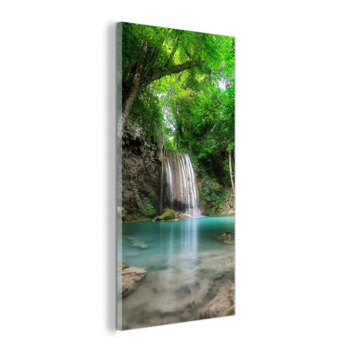 MuchoWow Glasbild Glasfoto Wandbild Bilder Deko 40x80 cm Dschungel - Wasserfall - Pflanzen - Wasser - Natur von MuchoWow