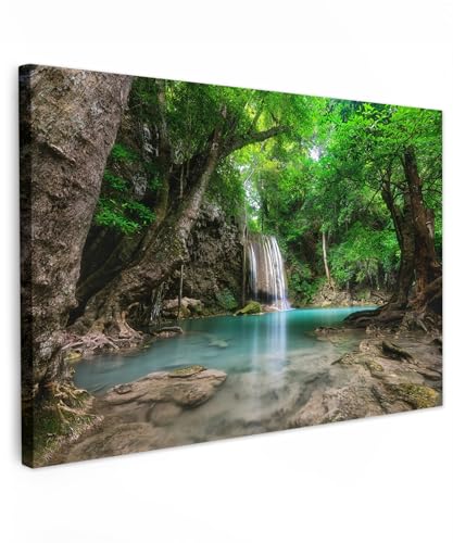 MuchoWow Leinwand Bilder, Einzigartige Wanddeko mit Rahmen, Dschungel - Wasserfall - Pflanzen - Wasser - Natur, Wandbilder Wohnzimmer, Deko Schlafzimmer 120x80 cm von MuchoWow