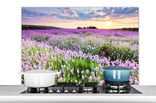 Spritzschutz Küche Küchenrückwand Alu Poster Bilder 100x65 cm Blumen - Lavendel - Lila - Himmel - Sonnenuntergang - Wiese - Natur von MuchoWow