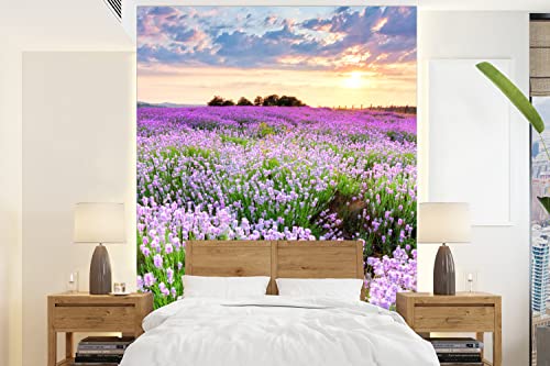 Selbstklebend Tapete Wandpapier Wandaufkleber Fototapete Tapeten Wanddeko 160x220 cm Blumen - Lavendel - Lila - Himmel - Sonnenuntergang - Wiese - Natur von MuchoWow