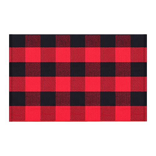 Mudder Büffel Karierter Teppich Karo Teppich Draussen Innen Veranda Karo Fußmatte Waschbare Gewebte Veranda Dekoration für Tür Haus Eingang Küche (Rot Schwarz Plaid, 35,4 x 23,6 Zoll) von Mudder