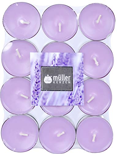 Müller Teelichte Duftkerzen – Duft Lavendel – 39 × 15 mm – Brenndauer 4 Stunden – Farbe Violett Wachskerzen – Anti-Tropf, Aluminiumbehälter – Set mit 192 Teelichtern von Müller Kerzen