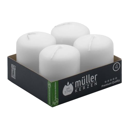 Müller Stumpenkerzen - Set mit 4 Säulenkerzen - Farbe Weiß - 48 x 62 mm - Lange Brenndauer: 10 stunden - Tropffrei Wachskerzen, Ohne Duft - RAL Qualität von Müller Kerzen