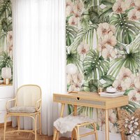 Palmblätter Und Orchideen Malerei Tapete, Aquarell Peel & Stick Selbstklebende Abnehmbare Wand Wandbild Floral von MuraliumWallpapers