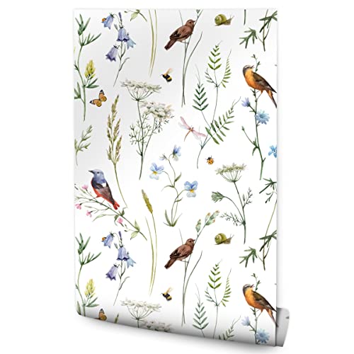 Muralo Vlies Tapete 10m Tapeten Rollen VÖGEL Blumen Blätter Insekten Natur Dekor XXL Vliestapete 1000 x 53cm Wand Tapete Esszimmer Wohnzimmer Schlafzimmer Moderne Muster Wand Dekoration von Muralo