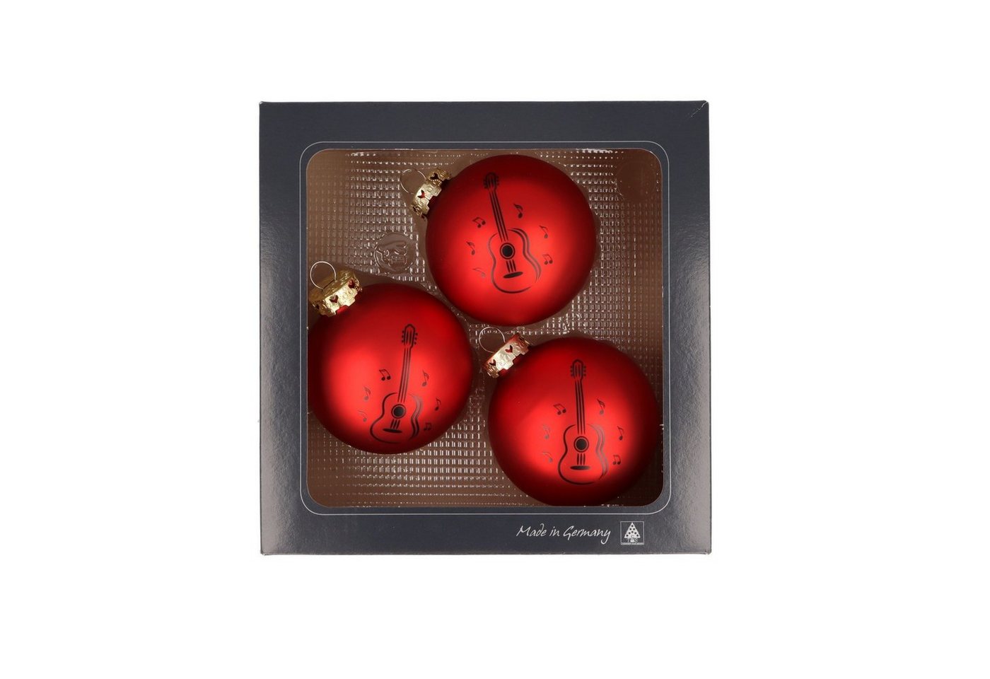 Musikboutique Weihnachtsbaumkugel 3er-Set Weihnachtskugeln mit Konzertgitarre-Druck, verschiedene, 3er-Set aus Glas mit schwarzem Konzertgitarre-Druck, Farbe rot von Musikboutique