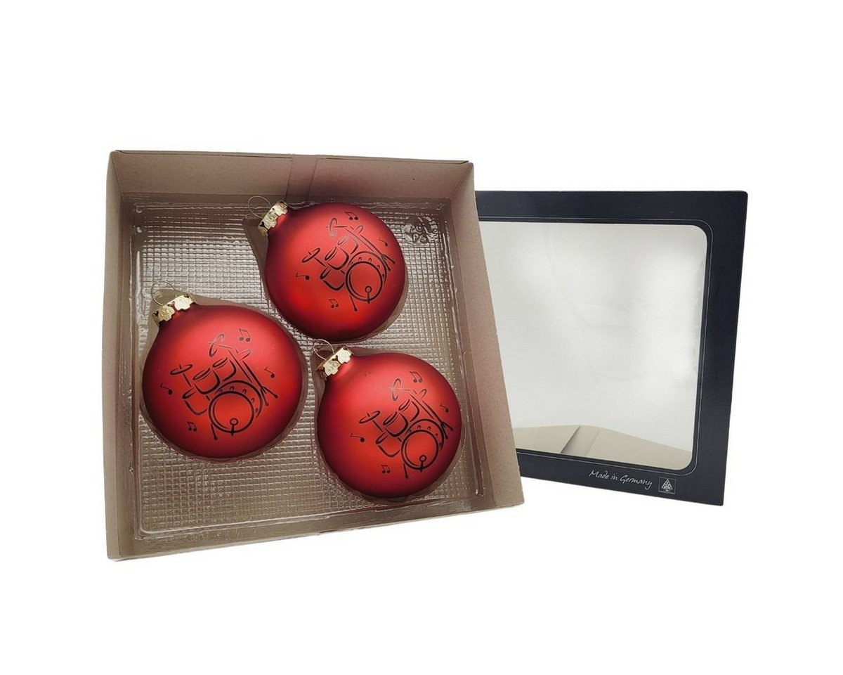 Musikboutique Weihnachtsbaumkugel, 3er-Set aus Glas mit schwarzem Schlagzeug-Druck, Farbe rot von Musikboutique