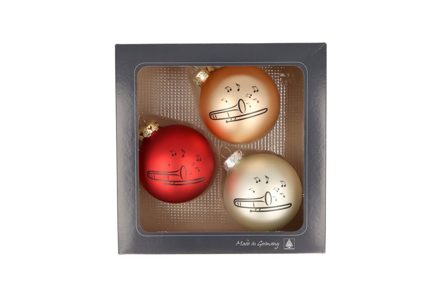Musikboutique Weihnachtsbaumkugel 3er-Set Weihnachtskugeln mit Posaune-Druck, verschiedene Farben -, 3er-Set aus Glas mit schwarzem Posaune-Druck, Farbe rot/gold/silber von Musikboutique