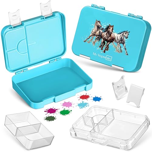 My Vesperbox – Len - Bento Box Kinder - Lunchbox mit 4+2 Fächern - extrem robust – Brotdose – Brotbox ideal für Kindergarten und Schule… (Hellblau - Pferde) von My Vesperbox