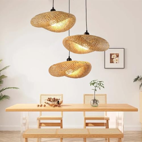 Pendelleuchte 3-Flammig Vintage Esstisch Rattan Bambus Pendellampe Retro Stil Laterne E27 Kronleuchter Antik Lampe Landhaus Hängelampe Wicker Lampenschirm Schlafzimmer Wohnzimmer Cafe Bar Deckenlampe( von MyLjp