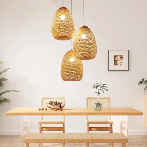 Pendelleuchte 3-Flammig Vintage Esstisch Rattan Bambus Pendellampe Retro Stil Laterne E27 Kronleuchter Antik Lampe Landhaus Hängelampe Wicker Lampenschirm Schlafzimmer Wohnzimmer Cafe Bar Deckenlampe( von MyLjp