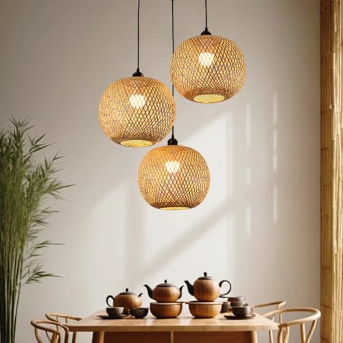 Pendelleuchte 3-Flammig Vintage Esstisch Rattan Bambus Pendellampe Retro Stil Laterne E27 Kronleuchter Antik Lampe Landhaus Hängelampe Wicker Lampenschirm Schlafzimmer Wohnzimmer Cafe Bar Deckenlampe( von MyLjp