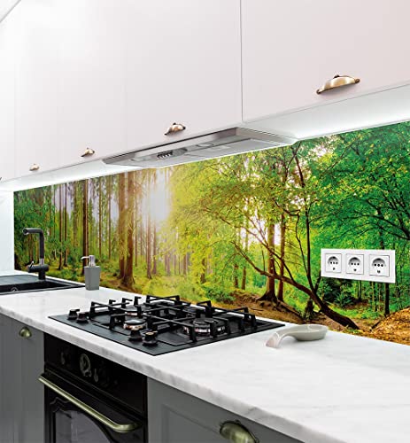 MyMaxxi - Selbstklebende Küchenrückwand Folie ohne Bohren - Aufkleber Motiv Wald - 60cm hoch - Klebefolie Wandbild Küche - Wand-Deko – Bäume Lichtung Tannen 60 x 60cm von MyMaxxi